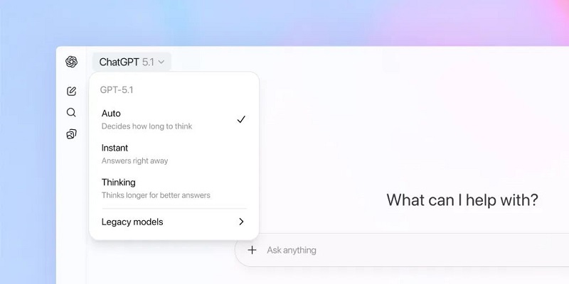 GPT-5.1 Instant 모드와 Thinking 모드 전환 예시