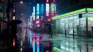 도쿄 네온빛 비오는 밤 시네마틱 장면